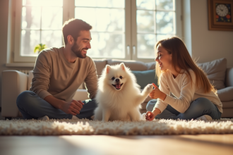 Famille heureuse jouant avec un pomeranian blanc dans le salon