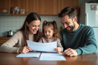 Famille heureuse lisant des papiers dans la cuisine