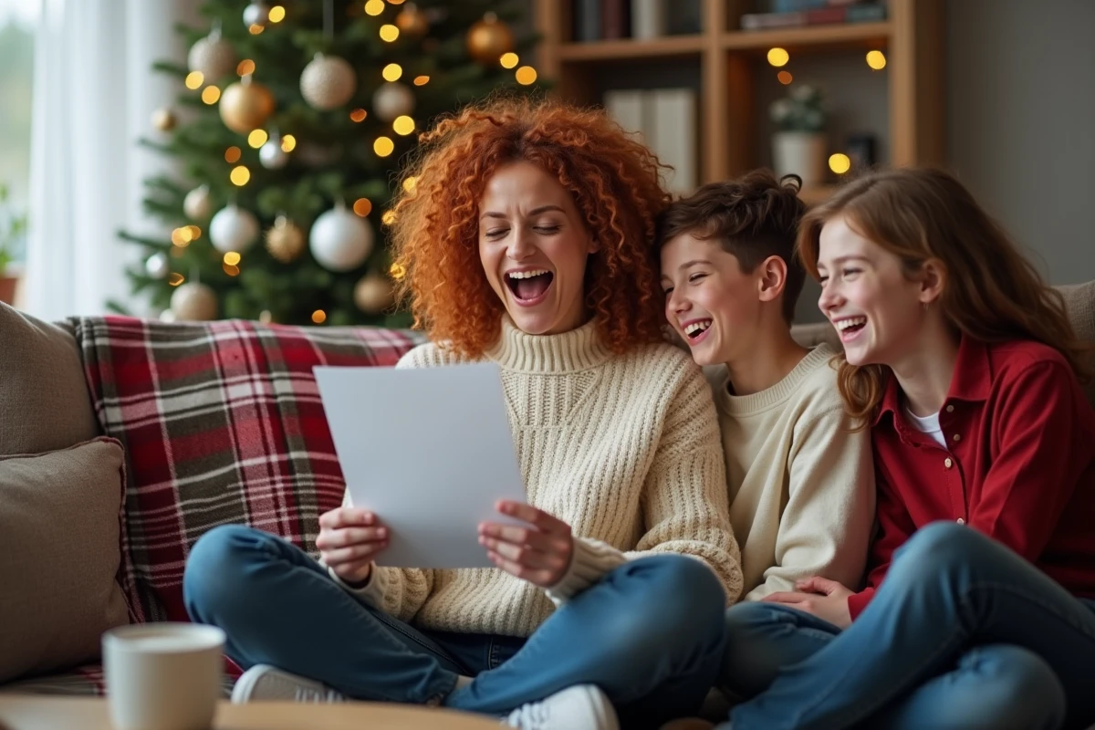 Mère et ses enfants adolescents riant ensemble en lisant une réponse humoristique du Père Noël dans un salon décoré pour Noël