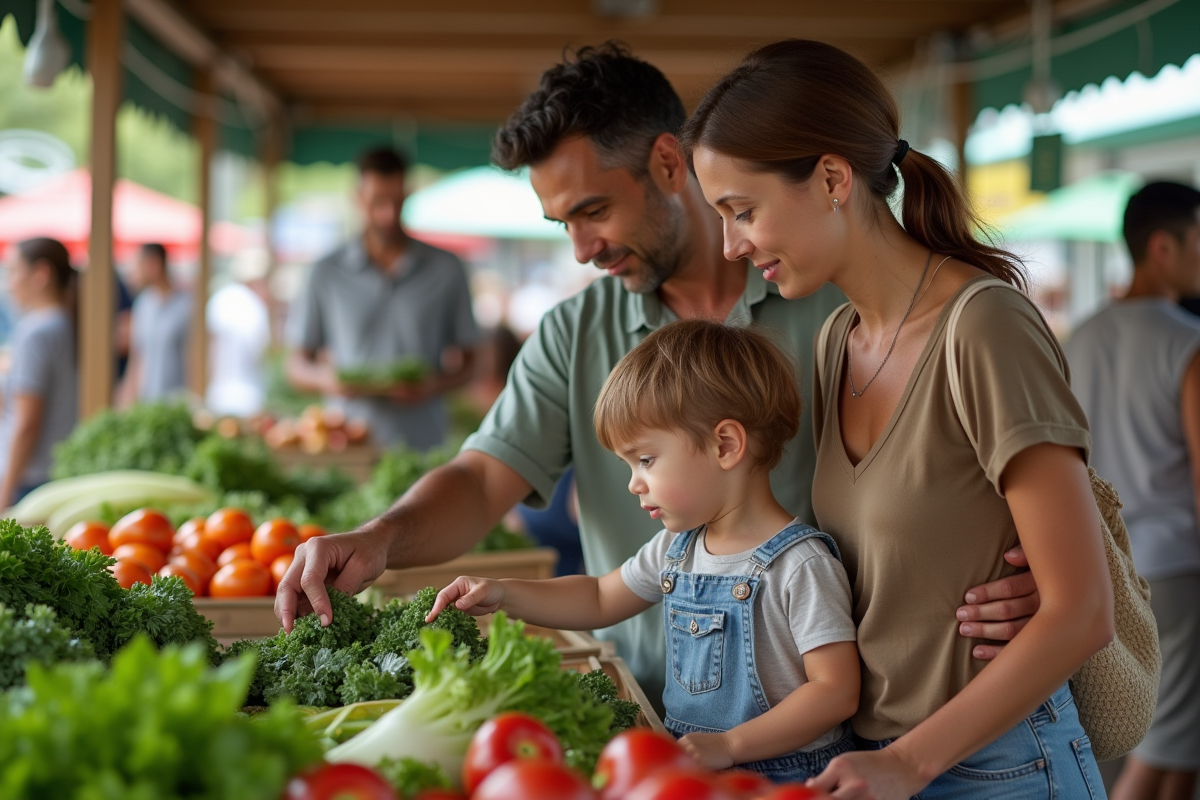 Famille au marché bio choisissant des légumes frais