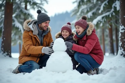 Famille construisant un bonhomme de neige en forêt enneigée
