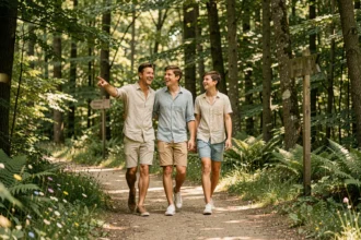 Famille se promenant sur un sentier forestier dans un parc de loisirs en Seine-et-Marne