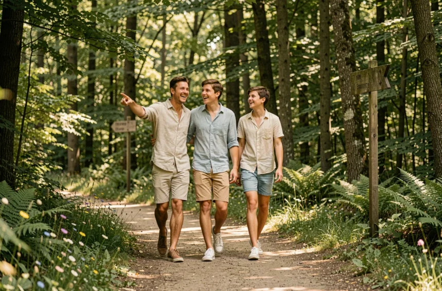 Famille se promenant sur un sentier forestier dans un parc de loisirs en Seine-et-Marne