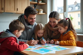 Famille parisienne autour de brochures santé à la maison