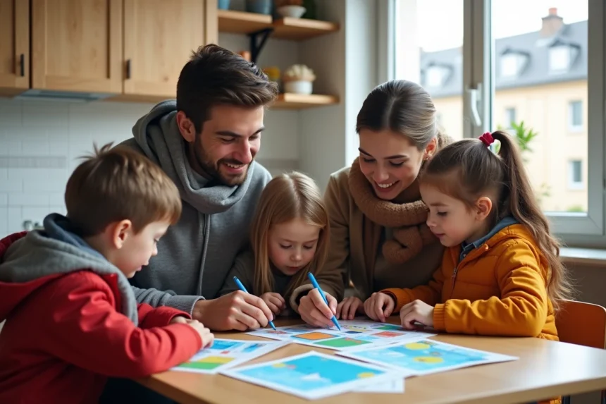 Famille parisienne autour de brochures santé à la maison