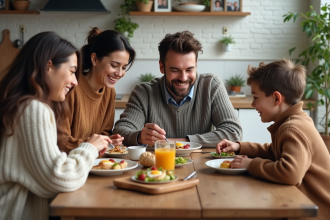 Famille souriante partageant un petit déjeuner maison dans une cuisine lumineuse