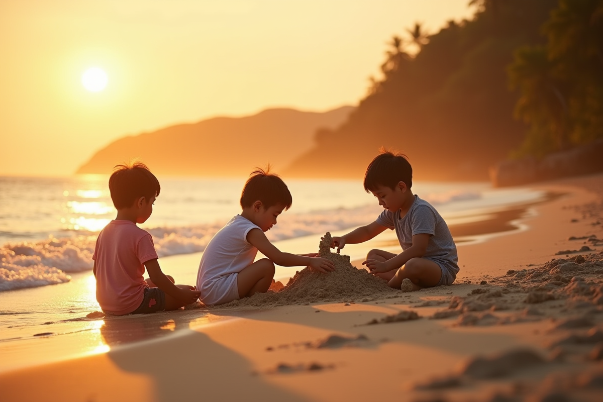 Jeune famille jouant sur la plage asiatique au coucher du soleil