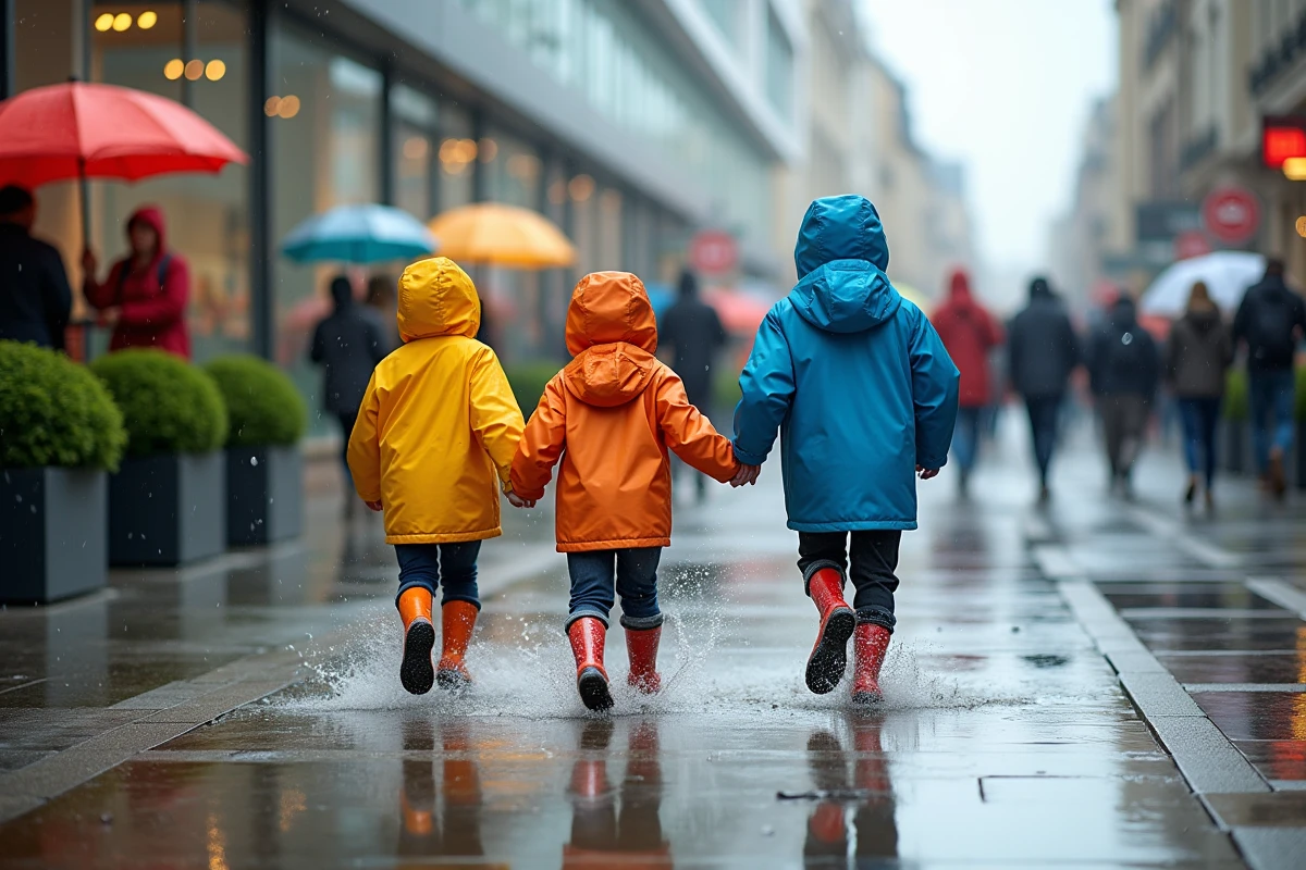 Famille avec enfants courant sous la pluie devant Palomano Lille