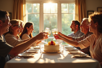 Famille multigenerational autour d'un dîner anniversaire ensoleillé