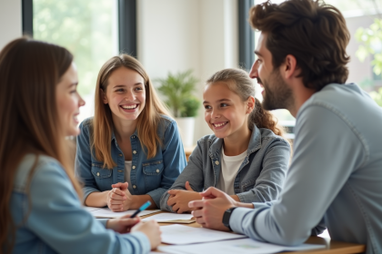 Famille heureuse rencontrant un travailleur social dans un bureau lumineux