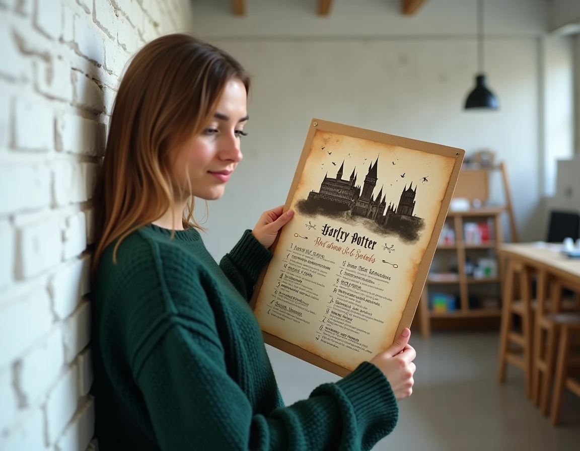 Jeune femme tenant une grande affiche Harry Potter format A3 contre un mur blanc dans un studio créatif