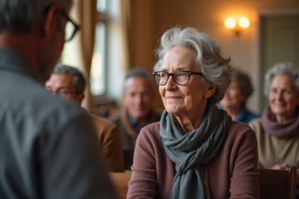 Femme agee attentive lors d'une intervention communautaire