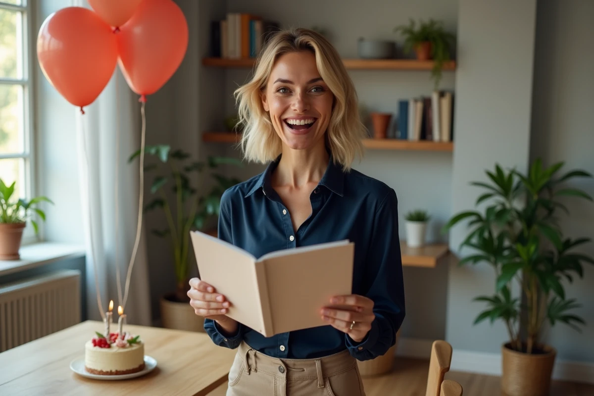 Femme souriante de quarantaine avec carte d anniversaire