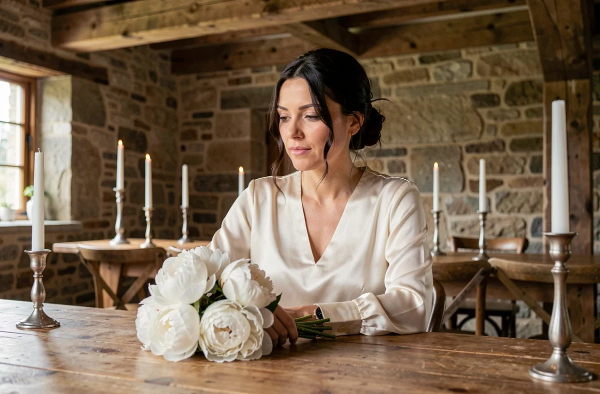 Femme élégante contemplant un bouquet de pivoines blanches dans une salle de réception en pierre