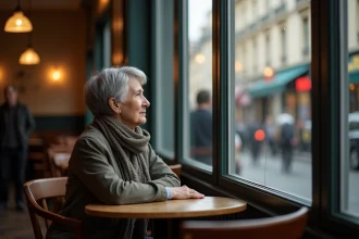 Femme pensante dans un café parisien authentique