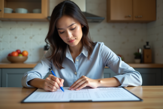 Femme en cuisine marquant des dates sur un calendrier