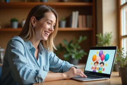 Femme souriante choisissant des cartes animées d'anniversaire pour enfants sur un ordinateur portable dans un bureau cosy