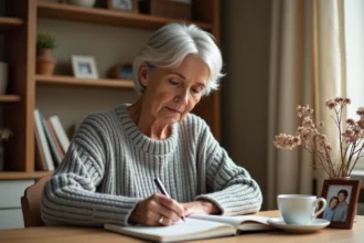 Femme écrivant un message émouvant en hommage à sa tante décédée dans un carnet posé sur un bureau en bois