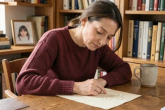 Femme écrivant une lettre manuscrite à sa filleule avec tendresse, assise à un bureau en bois chaleureux