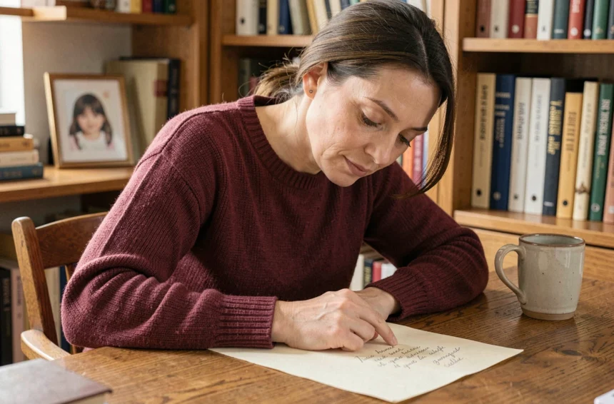 Femme écrivant une lettre manuscrite à sa filleule avec tendresse, assise à un bureau en bois chaleureux