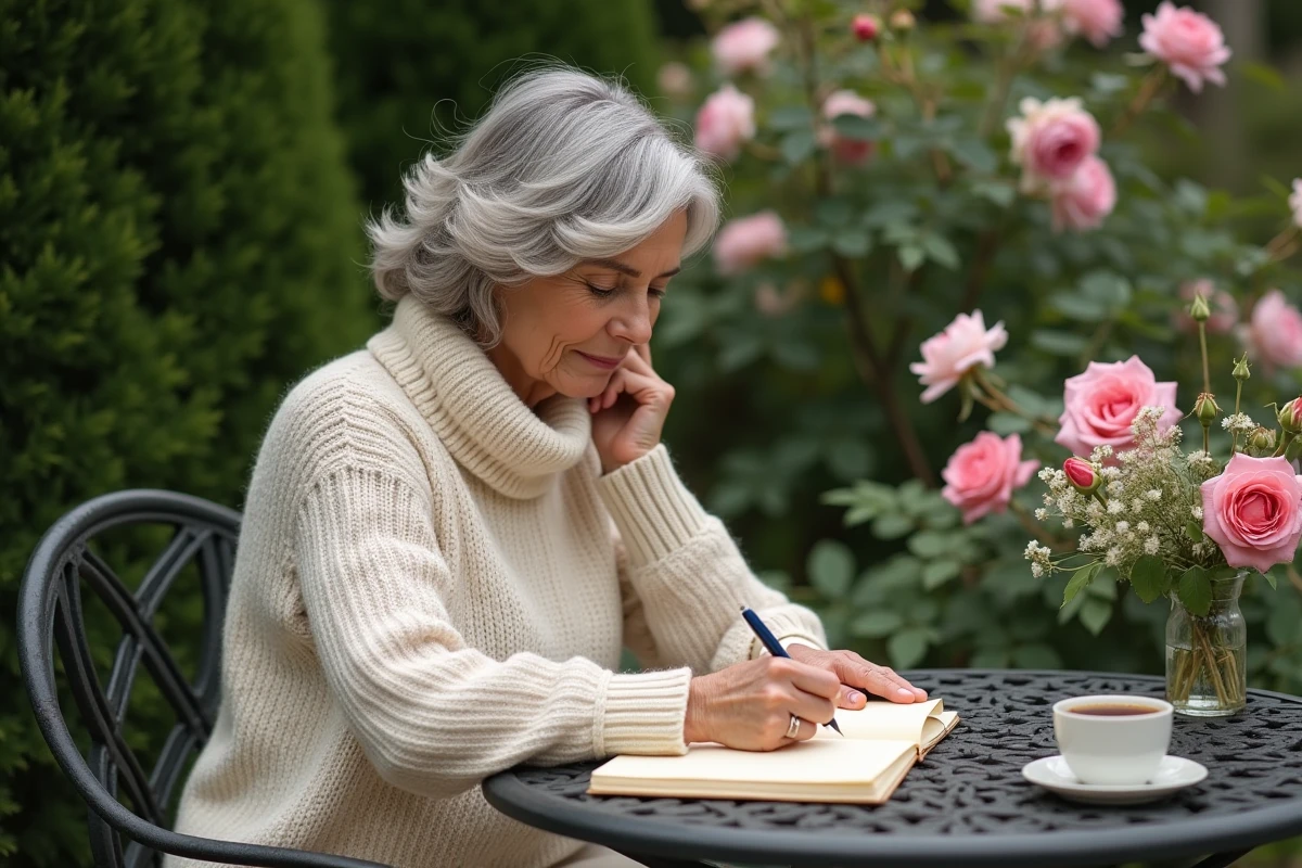 Une femme élégante écrit un poème pour sa filleule dans un jardin fleuri entouré de roses et de verdure