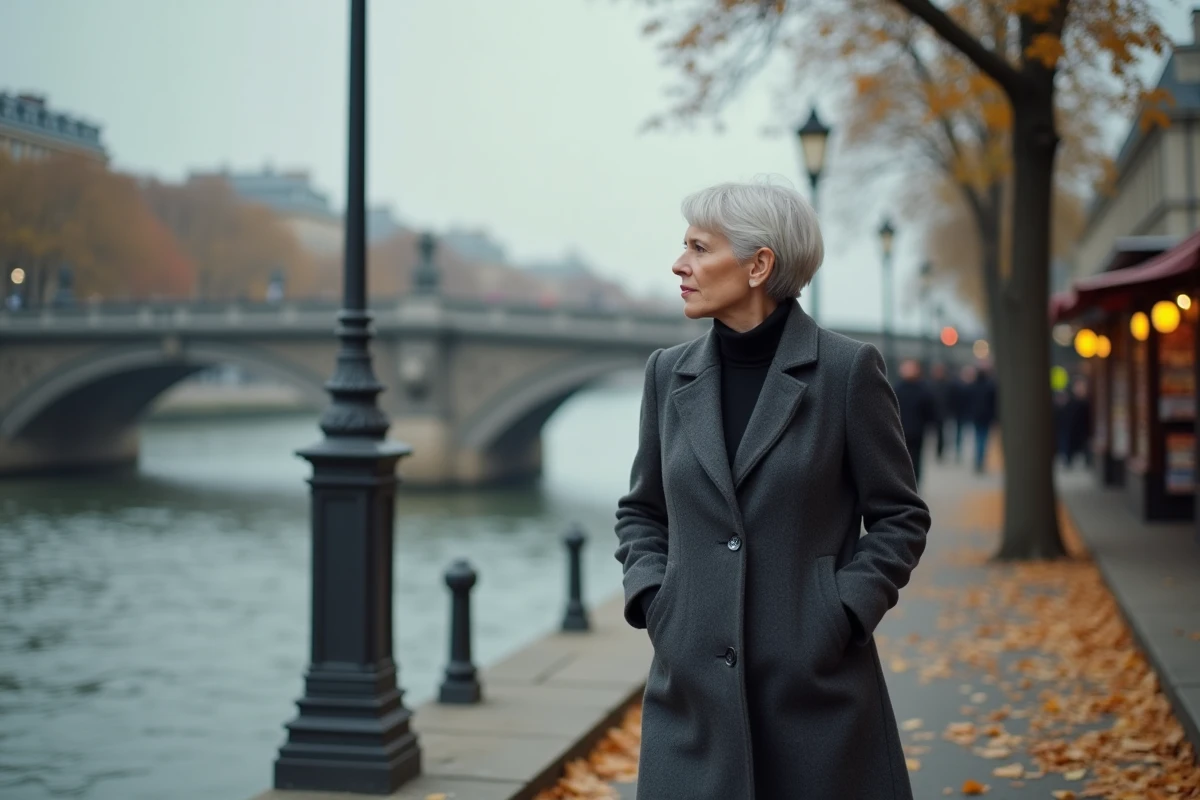 Femme élégante se promenant seule sur les quais de Seine en automne à Paris