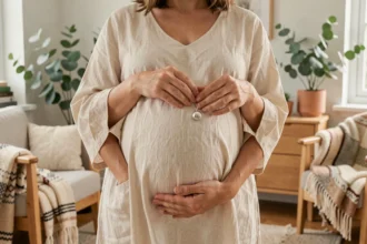 Femme enceinte tenant un bola de grossesse en argent contre son ventre dans un intérieur scandinave chaleureux