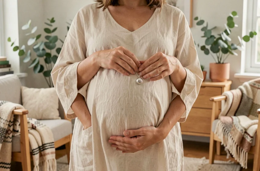 Femme enceinte tenant un bola de grossesse en argent contre son ventre dans un intérieur scandinave chaleureux