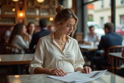 Femme enceinte dans un café parisien lisant un journal, ambiance sociale et réflexion sur la maternité tardive
