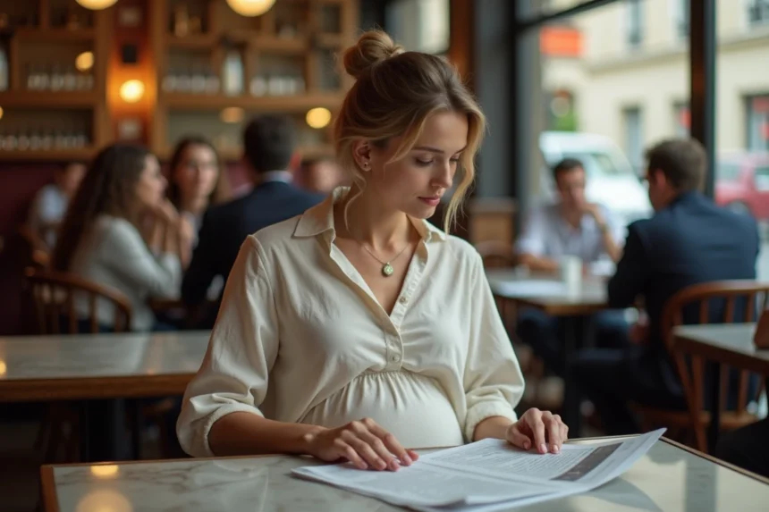 Femme enceinte dans un café parisien lisant un journal, ambiance sociale et réflexion sur la maternité tardive
