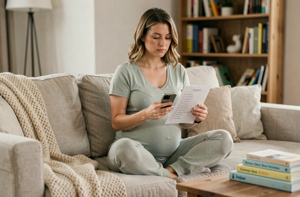 Femme enceinte consultant sa liste de naissance sur smartphone et checklist imprimée dans son salon