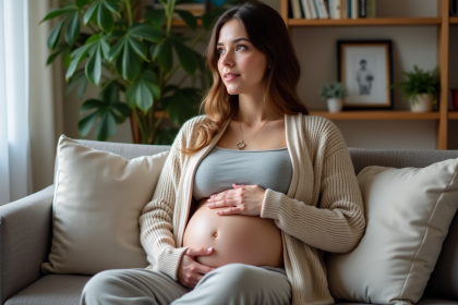 Femme enceinte assise sur un canapé dans un salon chaleureux