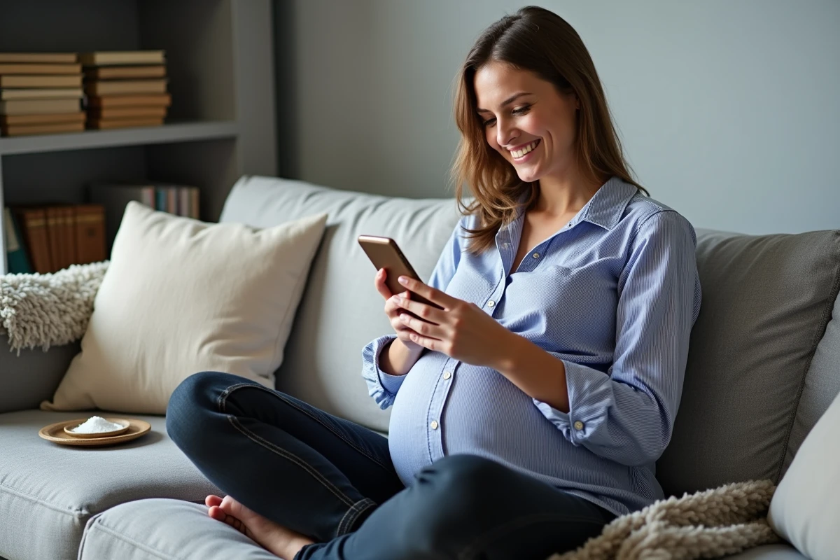 Femme enceinte qui rigole en lisant des témoignages sur le test du sel fille ou garçon