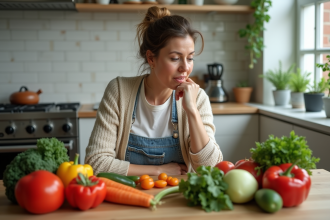 Femme moyenne âge examine des légumes frais dans sa cuisine