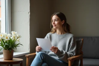 Femme assise près d'une fenêtre tenant une lettre dans un intérieur chaleureux