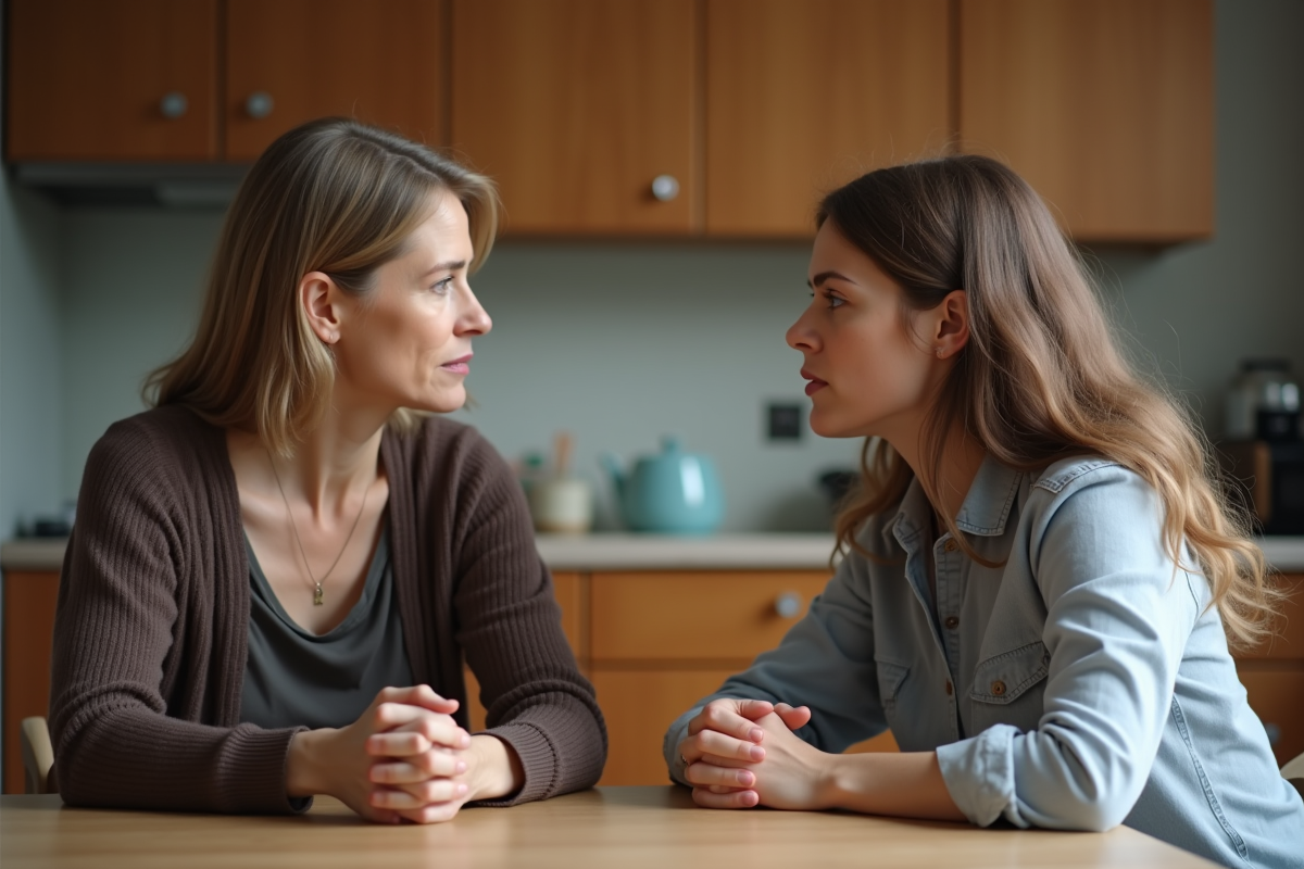 Mère et fille assises à une table de cuisine dans une ambiance ordinaire