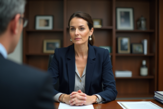 Femme en blazer dans un bureau officiel moderne