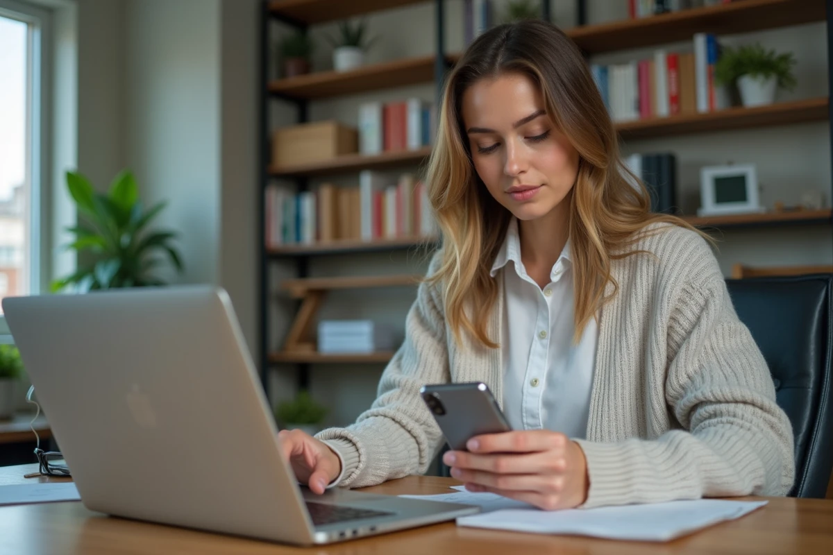 Femme utilisant smartphone avec application Medisys à son bureau
