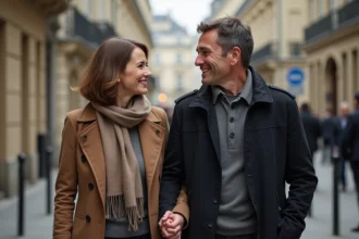 Femme parisienne souriante avec un homme dans une rue calme
