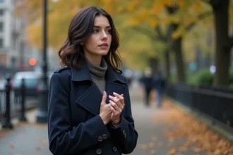 Femme en trench bleu tenant une bague dans un parc automnal