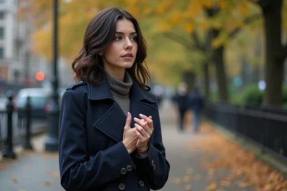 Femme en trench bleu tenant une bague dans un parc automnal
