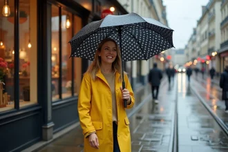 Femme souriante en imper jaune à Lille sous la pluie