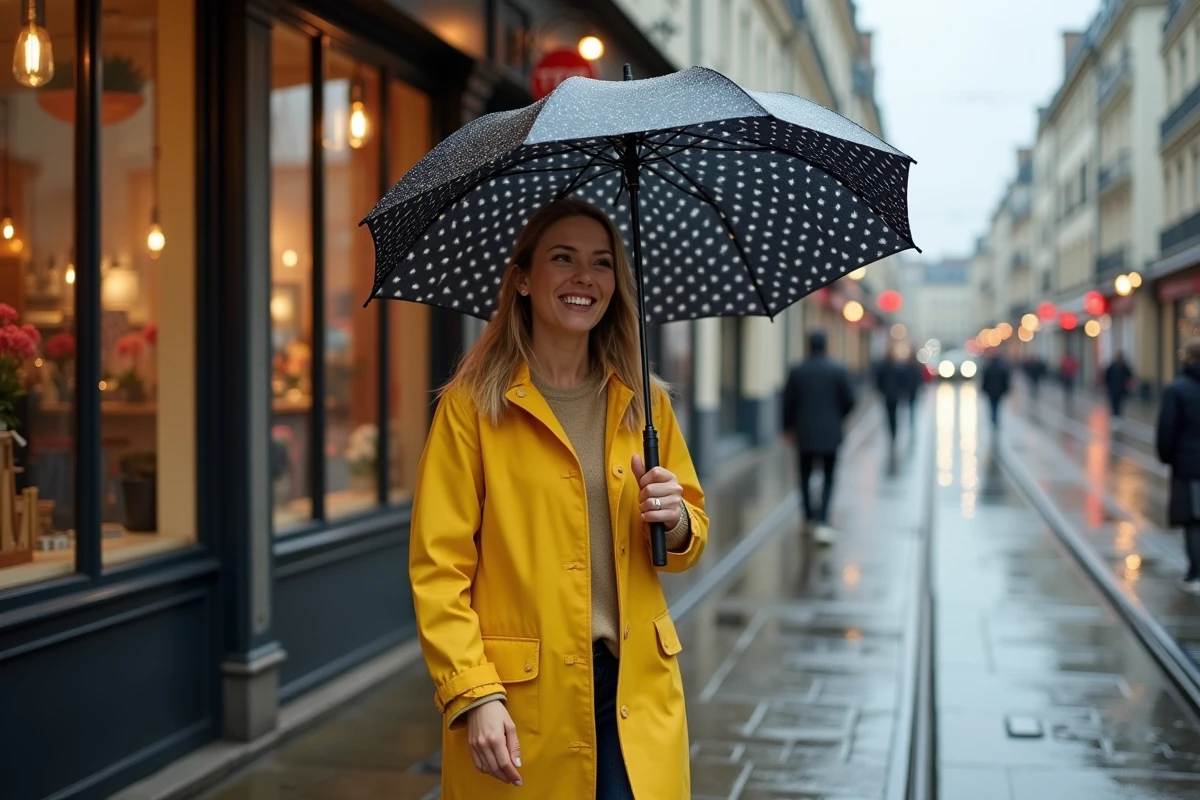 Femme souriante en imper jaune à Lille sous la pluie