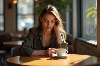 Jeune femme réfléchie au café avec tasse à moitié pleine