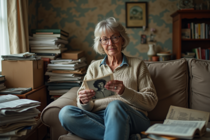Femme d'âge moyen examine une vieille photo dans un salon encombré