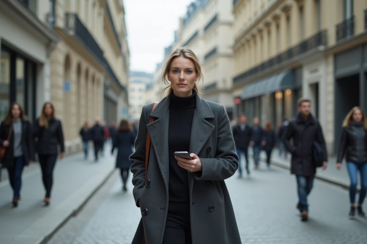 Femme marchant dans une rue parisienne sous l'œil discret des médias, entre notoriété publique et intimité personnelle