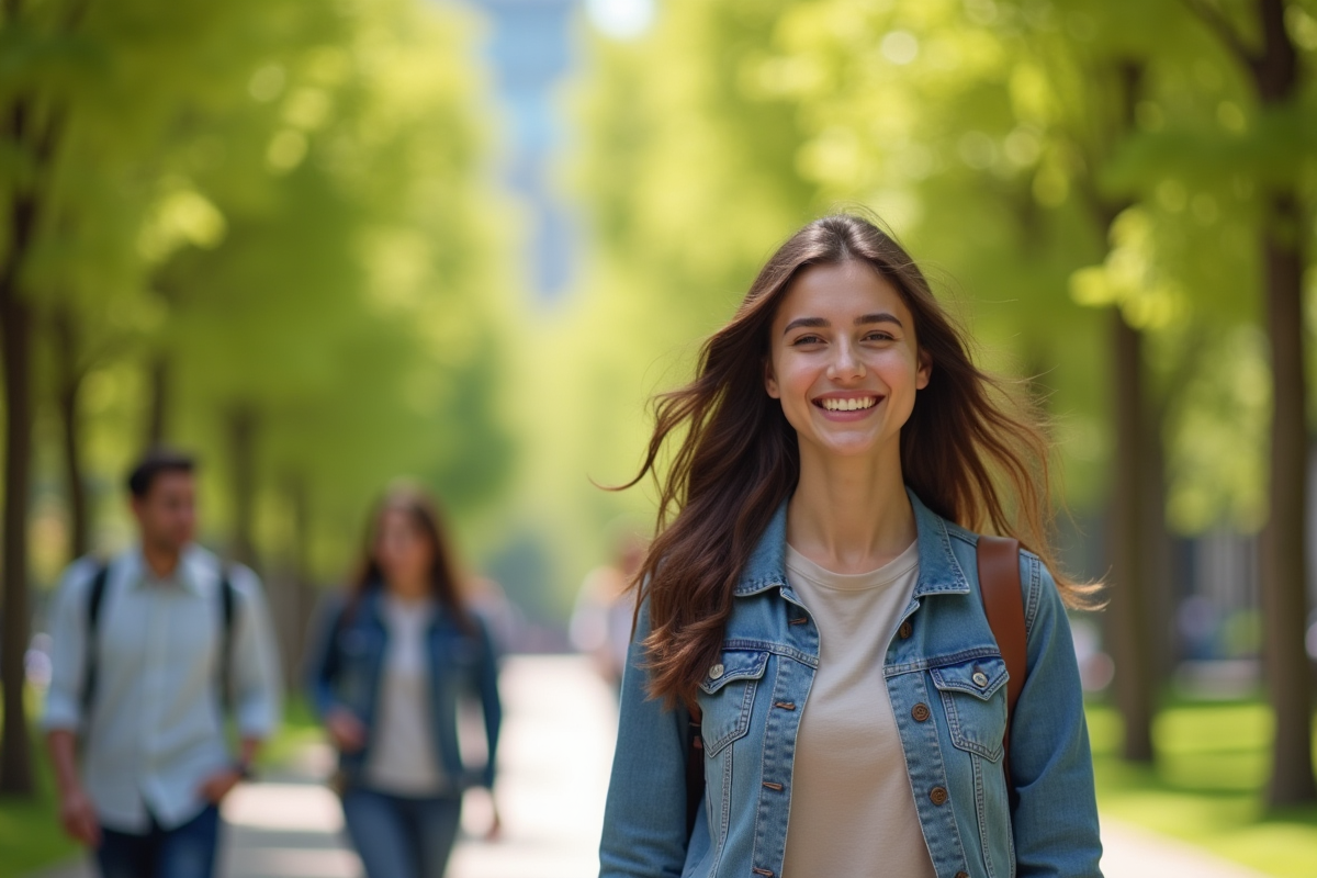 Femme souriante dans un parc avec amis et nature en arrière-plan
