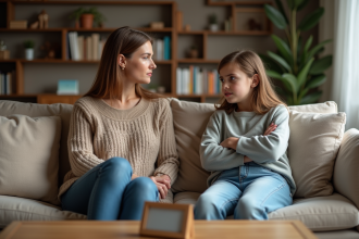 Femme et adolescente en discussion dans un salon chaleureux