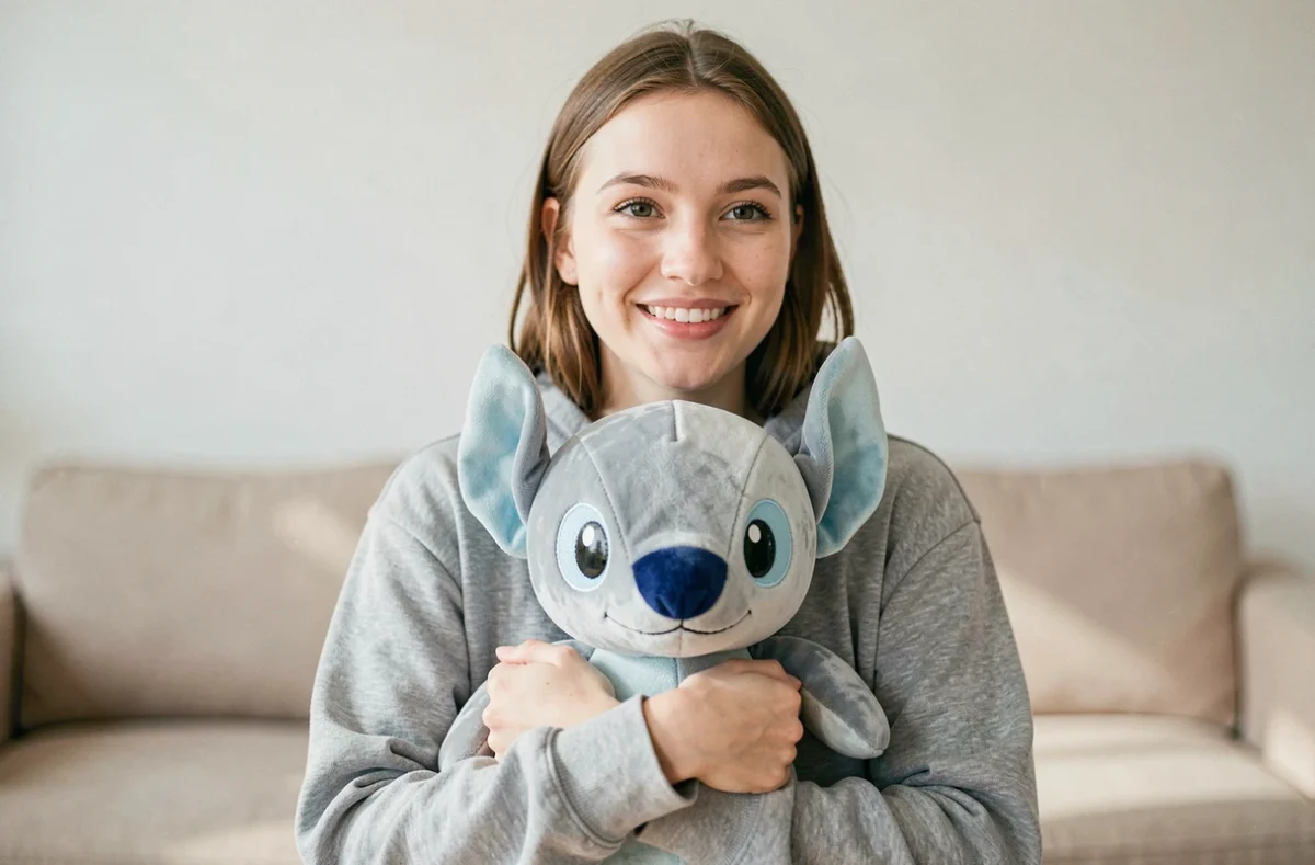 Jeune femme souriante tenant une peluche Stitch bleue contre sa poitrine dans un salon minimaliste