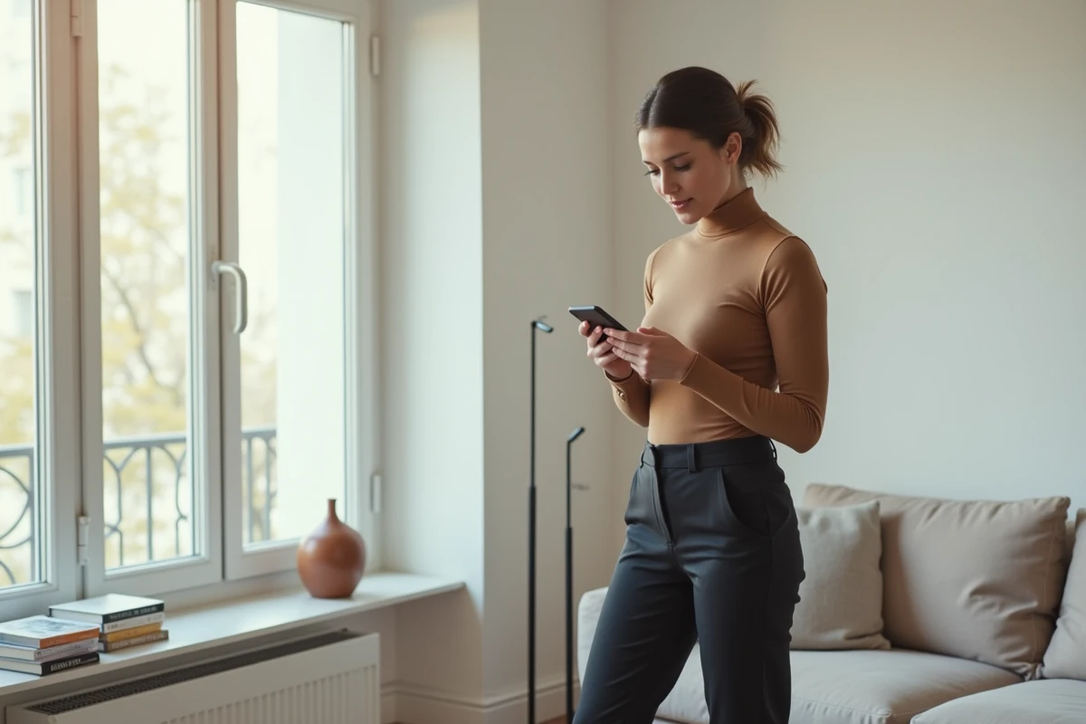 Femme urbaine parisienne consultant son smartphone dans un appartement minimaliste moderne, symbolisant les recherches en ligne sur des personnalités comme Charlotte d'Ornellas